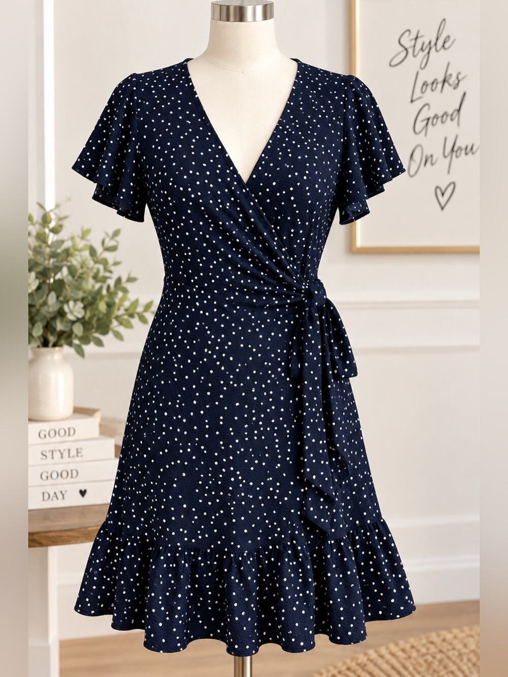 Relipop Navy Blue White Polka Dot Wrap Mini Dress Ruffle Hem Size Small